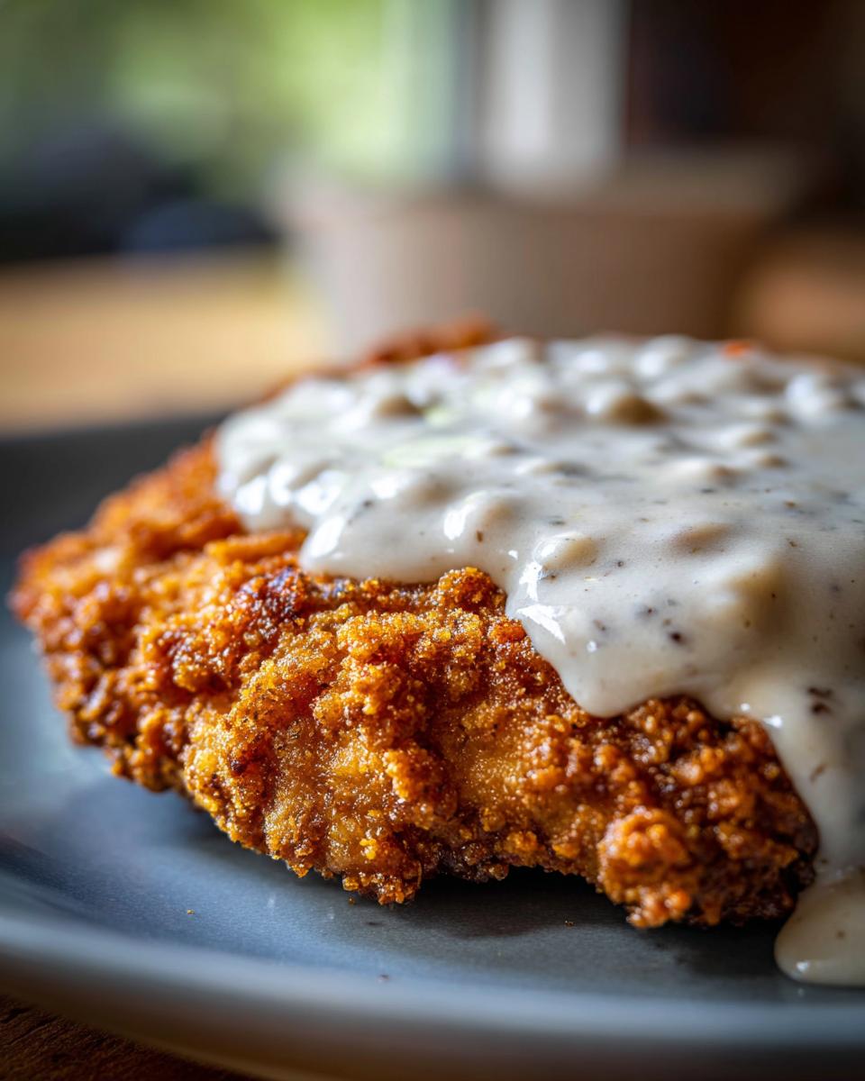 Close-up of a golden-brown, crispy chicken fried steak smothered in creamy white gravy.