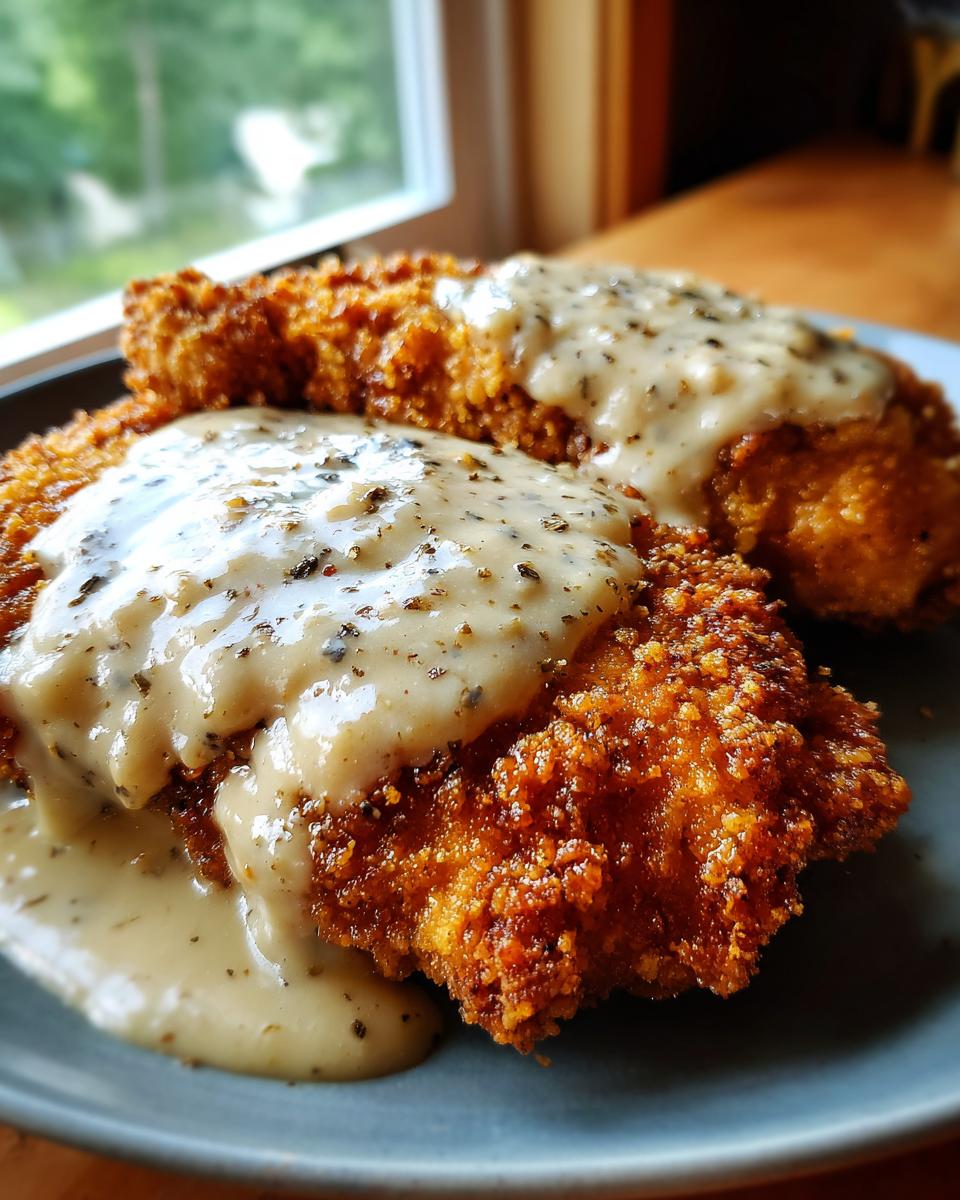Close-up of two pieces of golden-brown Chicken Fried Steak smothered in creamy white gravy with black pepper.