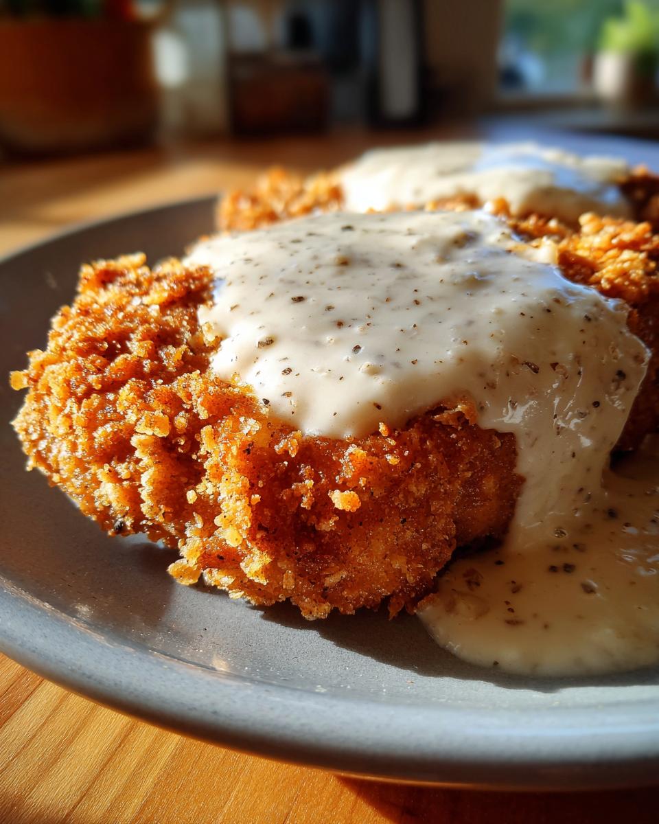 Close-up of a golden-brown, breaded chicken fried steak smothered in creamy white gravy with black pepper.