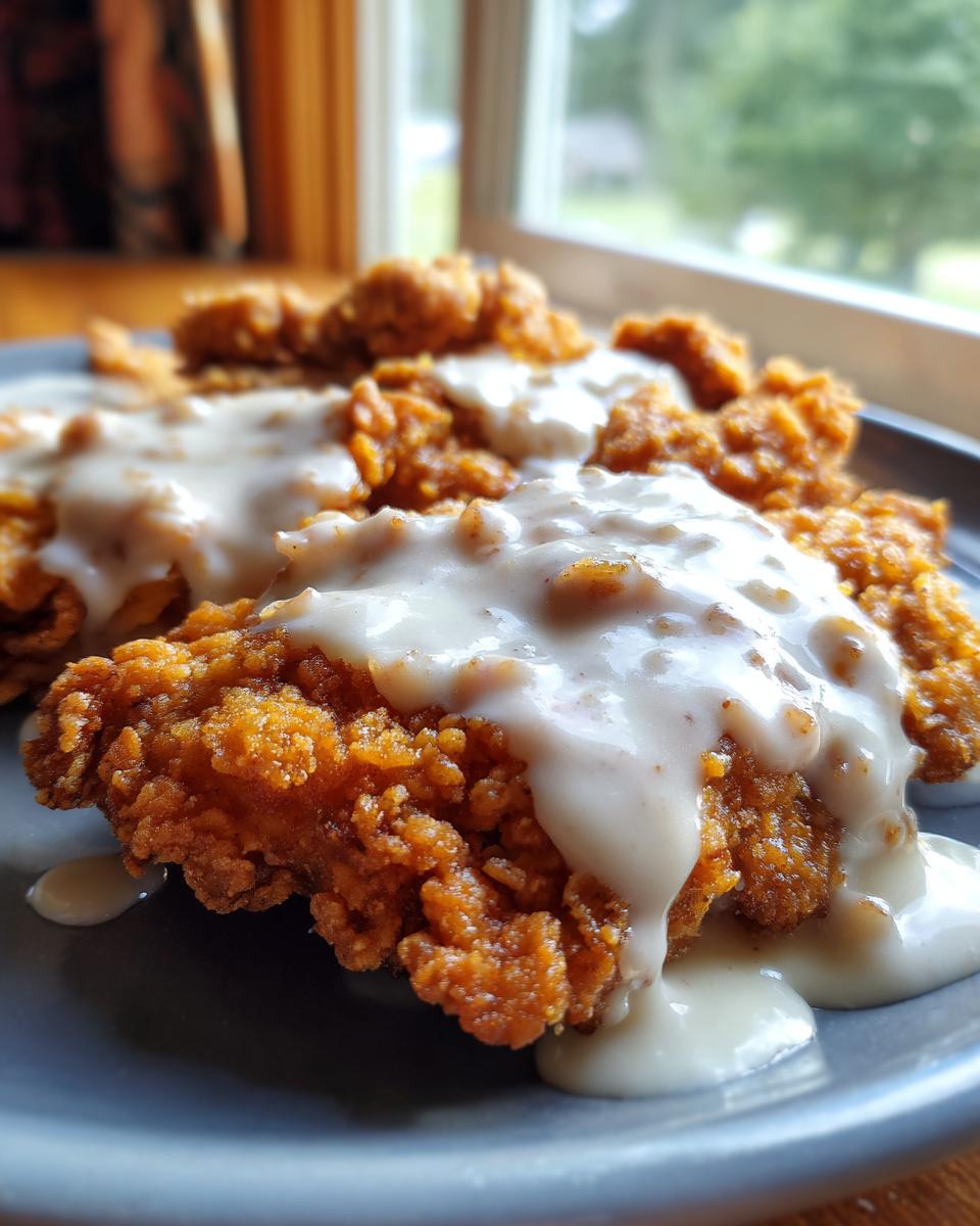 Close-up of golden-brown, crispy Chicken Fried Steak generously topped with smooth, creamy white gravy.