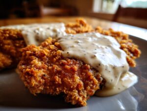 Close-up of crispy Chicken Fried Steak smothered in creamy, peppery gravy on a gray plate.
