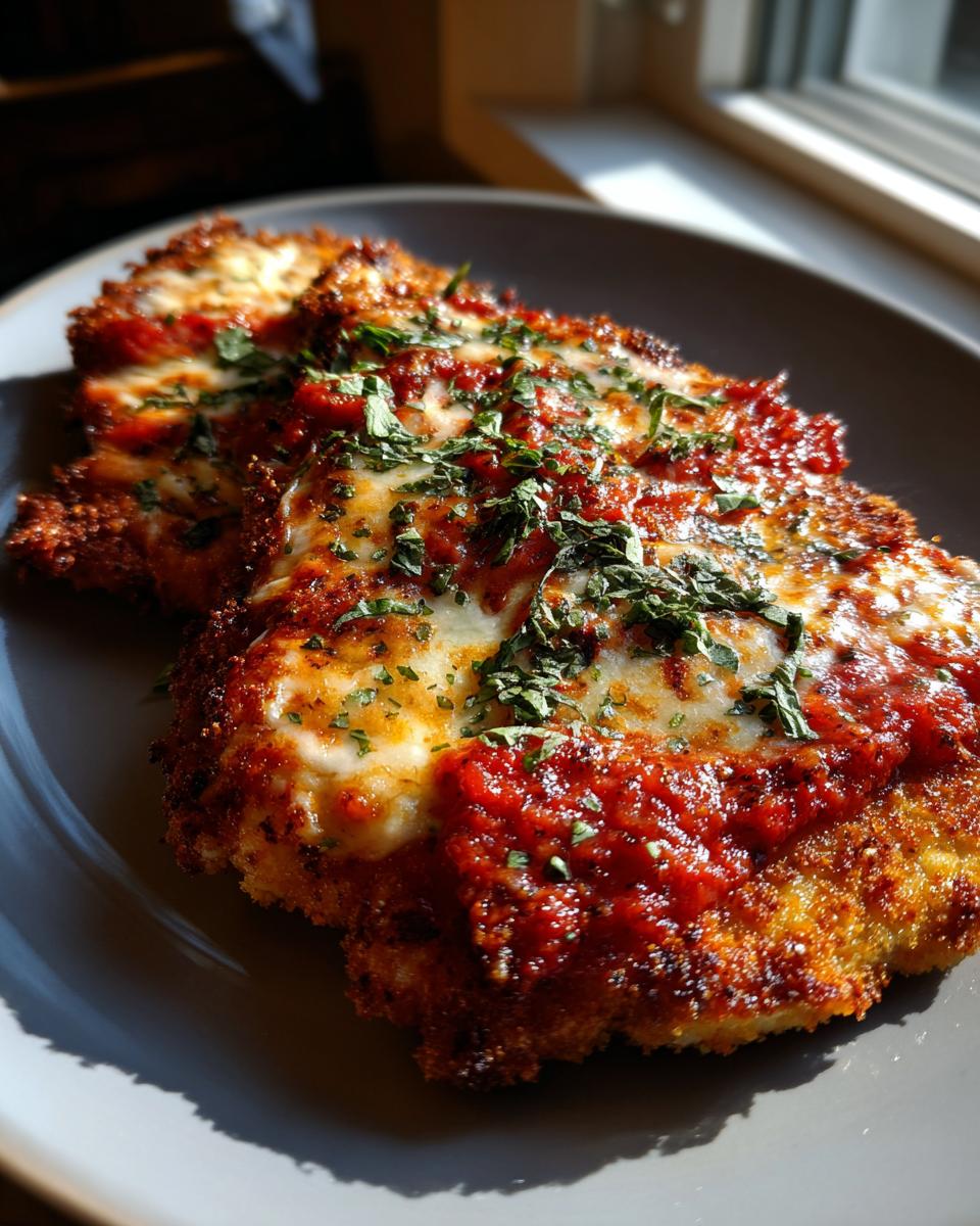 Close-up of golden-brown Chicken Parmesan topped with rich marinara sauce and melted mozzarella cheese, garnished with fresh parsley.