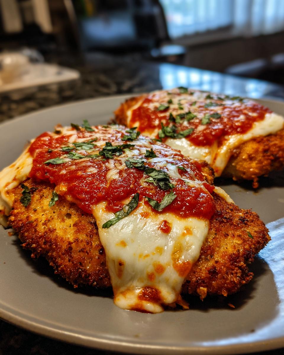 Two golden-brown breaded chicken cutlets topped with marinara sauce and melted mozzarella cheese, sprinkled with fresh basil. This is our amazing Chicken Parmesan.