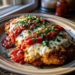 A close-up of a golden-brown Chicken Parmesan dish topped with melted mozzarella cheese and marinara sauce, garnished with fresh parsley.