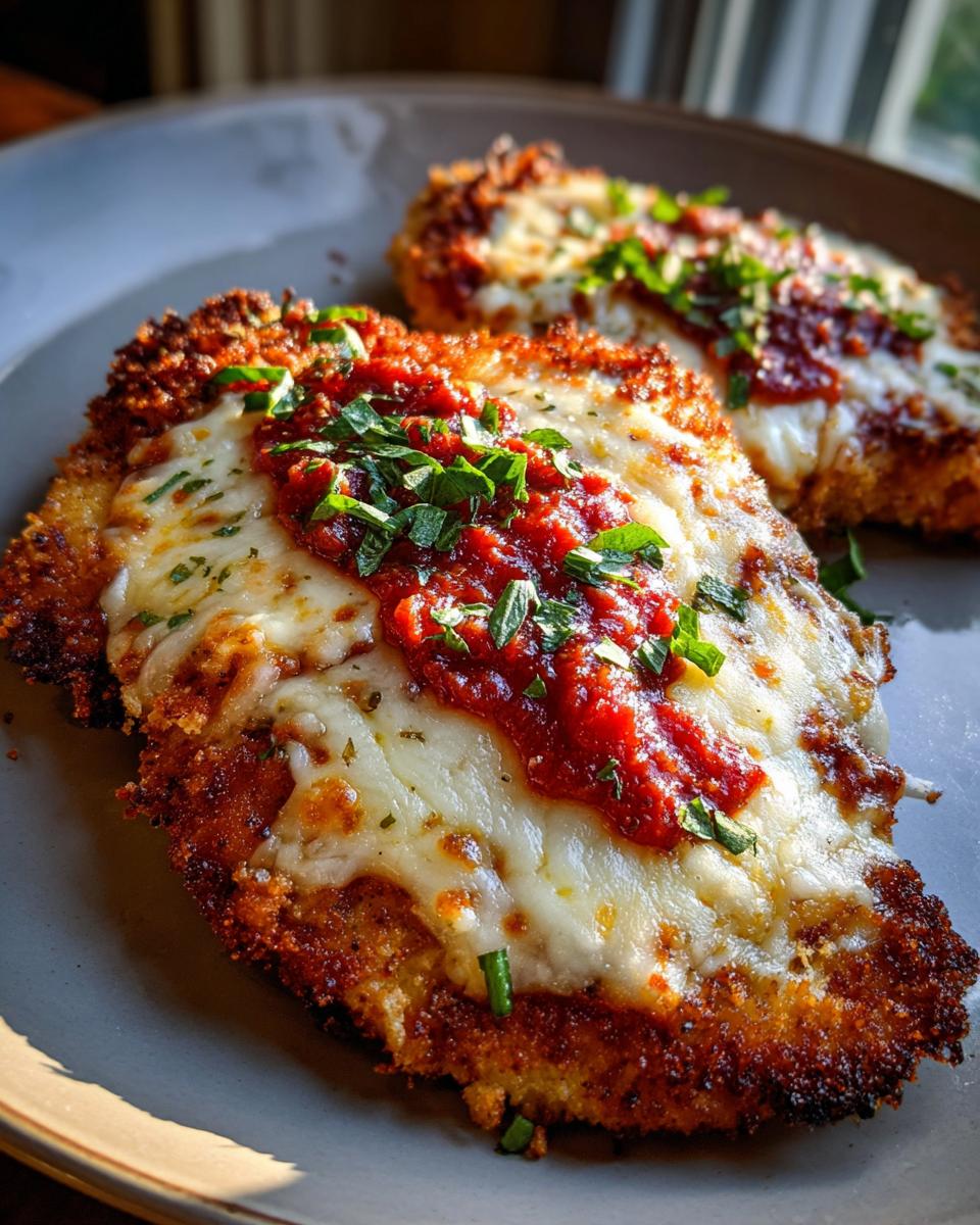 Close-up of two golden-brown Chicken Parmesan cutlets topped with melted mozzarella cheese, marinara sauce, and fresh parsley.