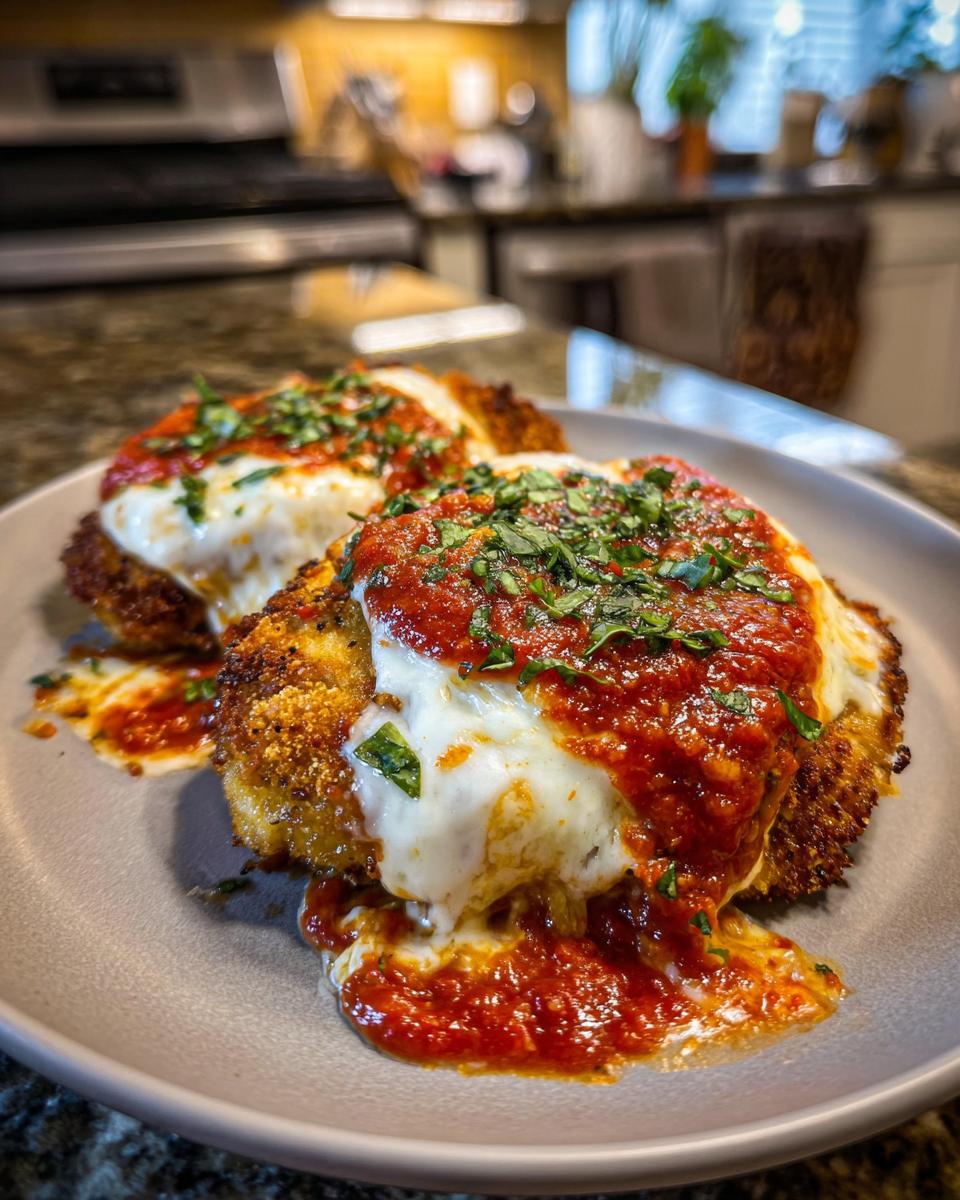 Two golden-brown breaded chicken cutlets topped with melted mozzarella cheese and marinara sauce, garnished with fresh basil for Chicken Parmesan.