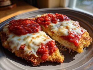 Two slices of golden-brown Chicken Parmesan topped with melted mozzarella cheese and marinara sauce, served on a brown plate.