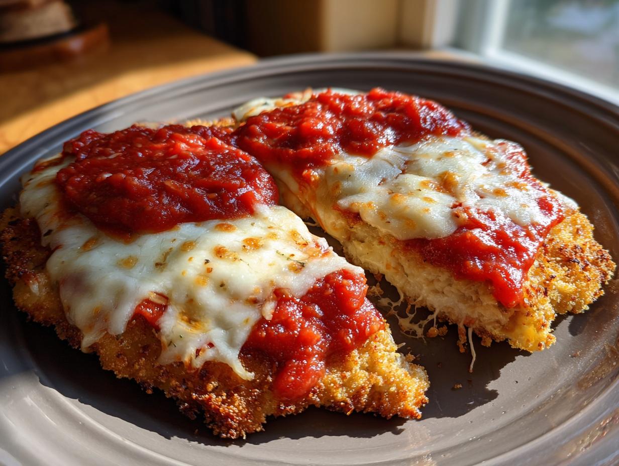 Two slices of golden-brown Chicken Parmesan topped with melted mozzarella cheese and marinara sauce, served on a brown plate.