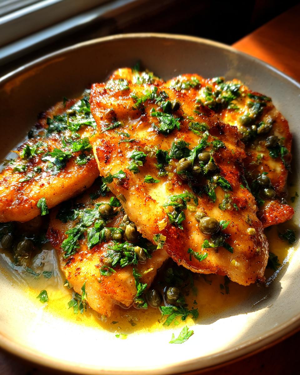 Close-up of golden-brown chicken piccata fillets topped with capers and fresh parsley in a light sauce.