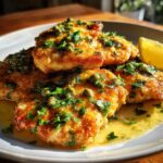 A plate of golden-brown Chicken Piccata topped with capers and fresh parsley, served with a lemon wedge.