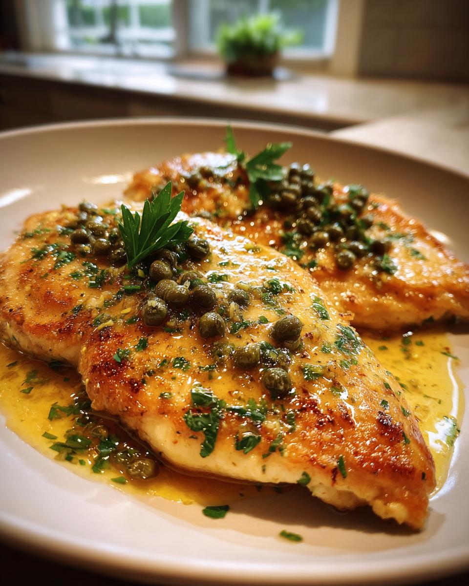 Two golden-brown chicken piccata fillets topped with capers, parsley, and lemon butter sauce.
