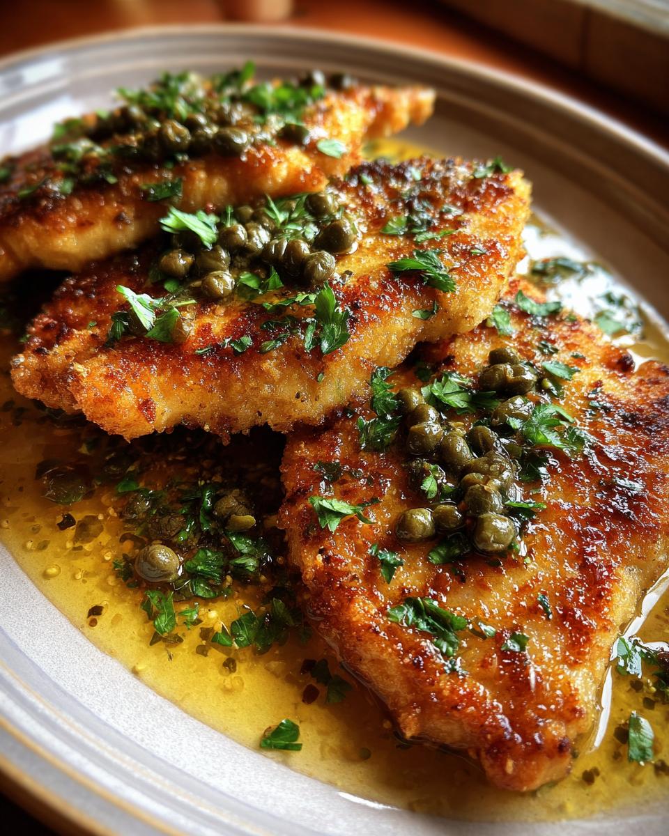 Close-up of three golden-brown chicken piccata fillets topped with capers and fresh parsley, served in a lemon butter sauce.