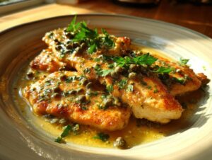 Close-up of three golden-brown chicken piccata fillets in a lemon-butter sauce with capers and fresh parsley.