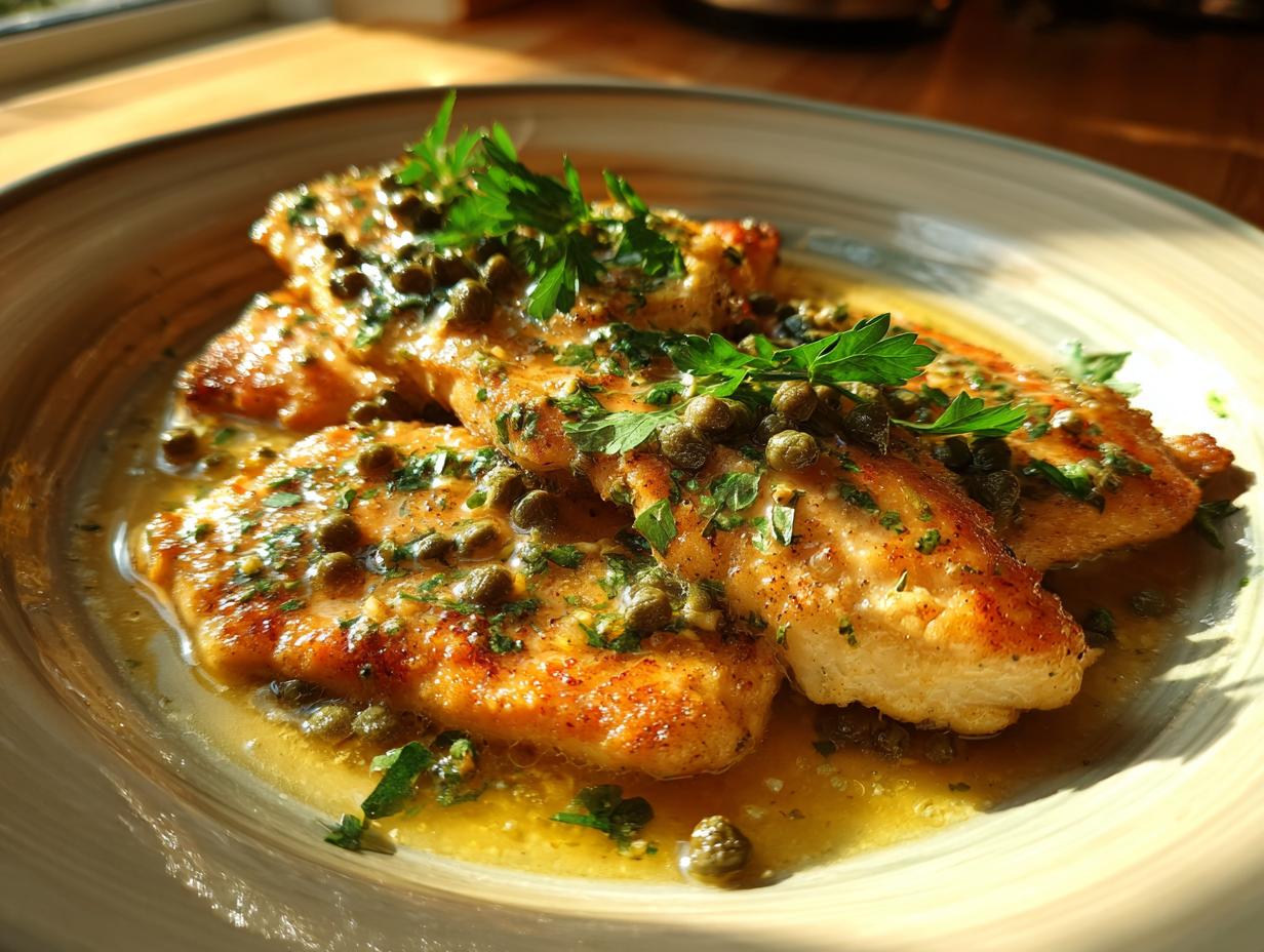 Close-up of three golden-brown chicken piccata fillets in a lemon-butter sauce with capers and fresh parsley.