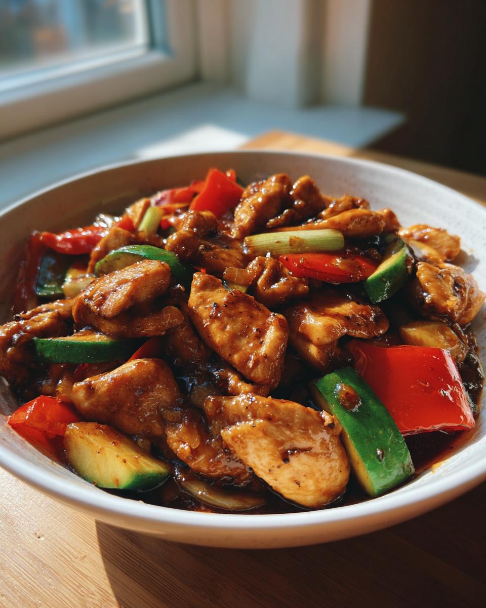 A close-up of a bowl filled with a vibrant chicken stir fry, featuring tender chicken pieces, red bell peppers, zucchini, and green onions in a glossy sauce.