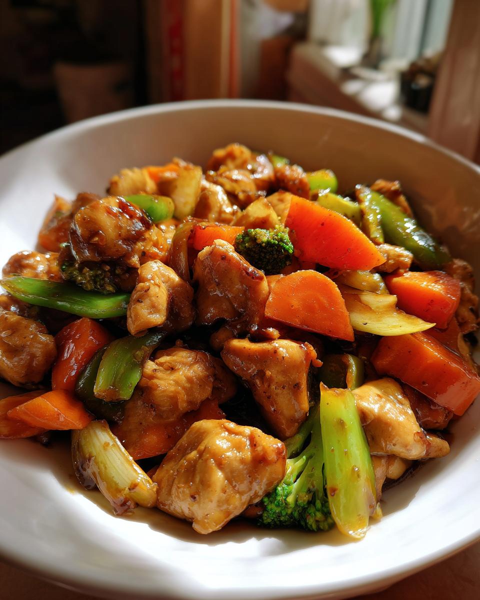 A close-up of a white bowl filled with vibrant chicken stir fry, featuring tender chicken pieces, broccoli florets, carrots, and green peppers.
