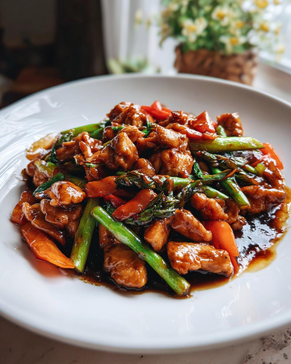 Close-up of a delicious chicken stir fry with tender chicken pieces, vibrant carrots, and green vegetables in a glossy sauce.