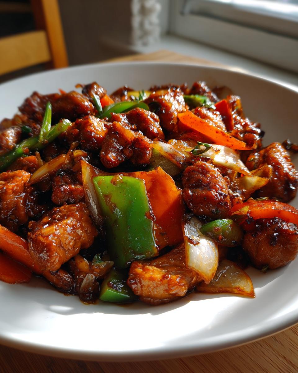 A close-up of a vibrant Chicken Stir Fry dish with tender chicken pieces, colorful bell peppers, carrots, and onions in a glossy sauce.