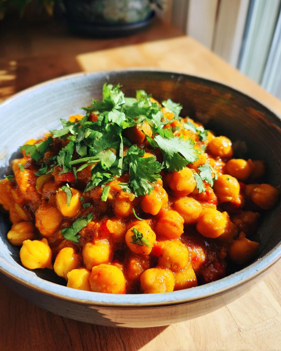 A close-up of a vibrant chickpea curry, generously garnished with fresh cilantro, served in a rustic blue bowl.