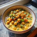A close-up of a bowl filled with creamy chickpea curry, garnished with fresh cilantro.
