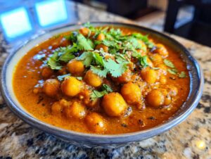 A close-up of a bowl filled with flavorful chickpea curry, garnished with fresh cilantro.