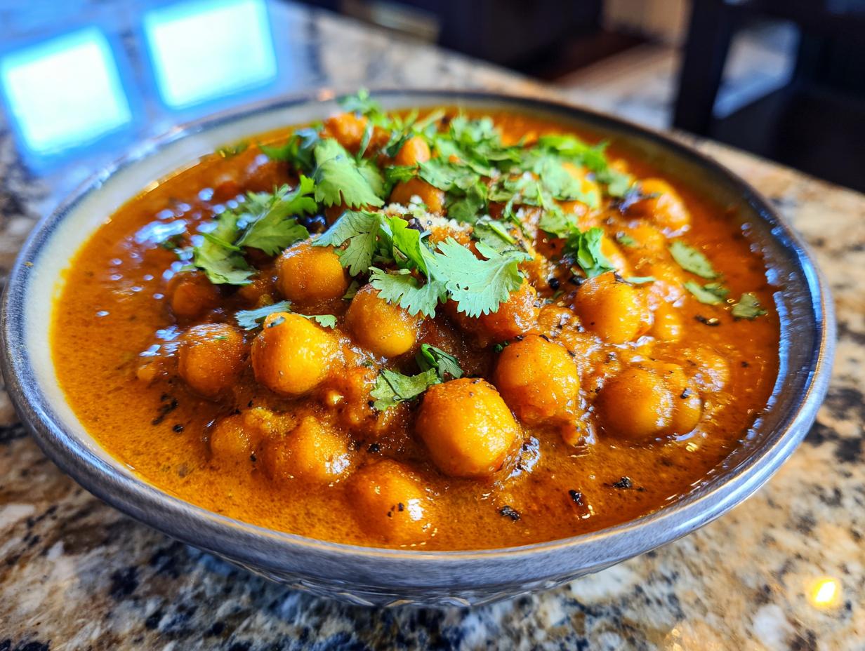 A close-up of a bowl filled with flavorful chickpea curry, garnished with fresh cilantro.