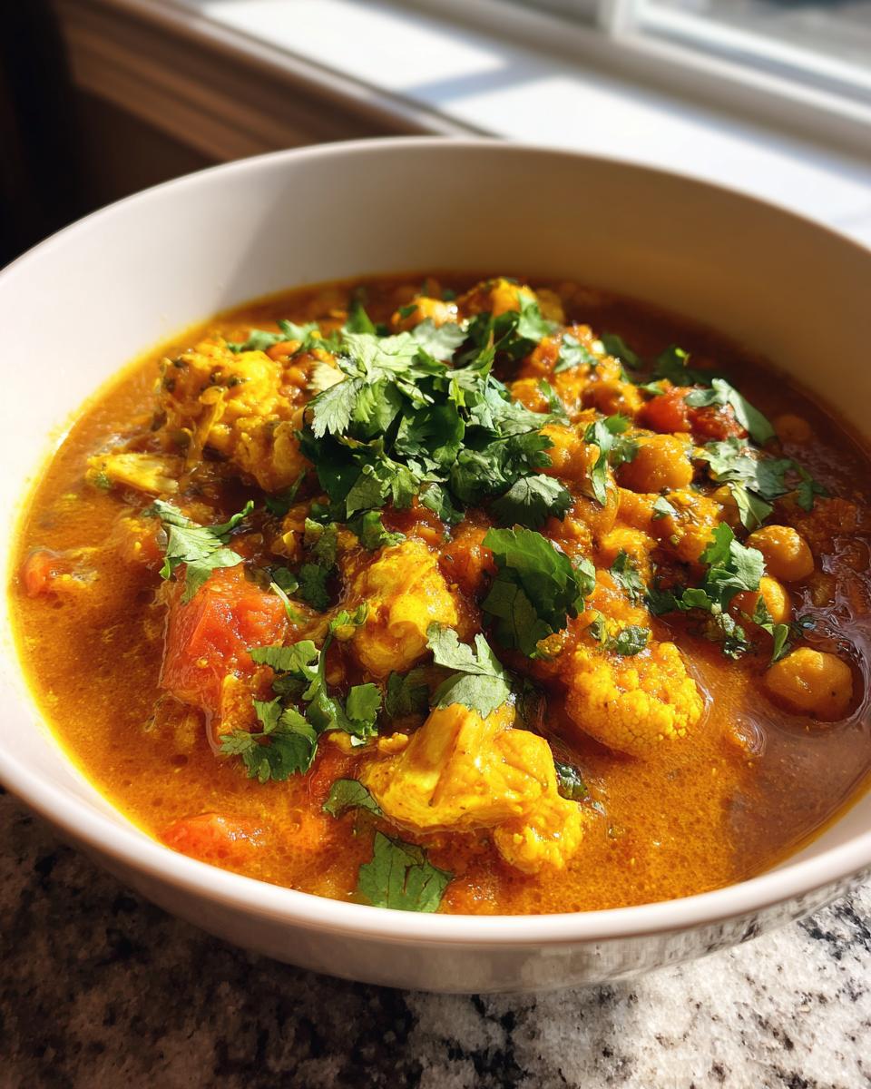 A close-up of a bowl of vibrant chickpea curry with cauliflower florets, tomatoes, and fresh cilantro.