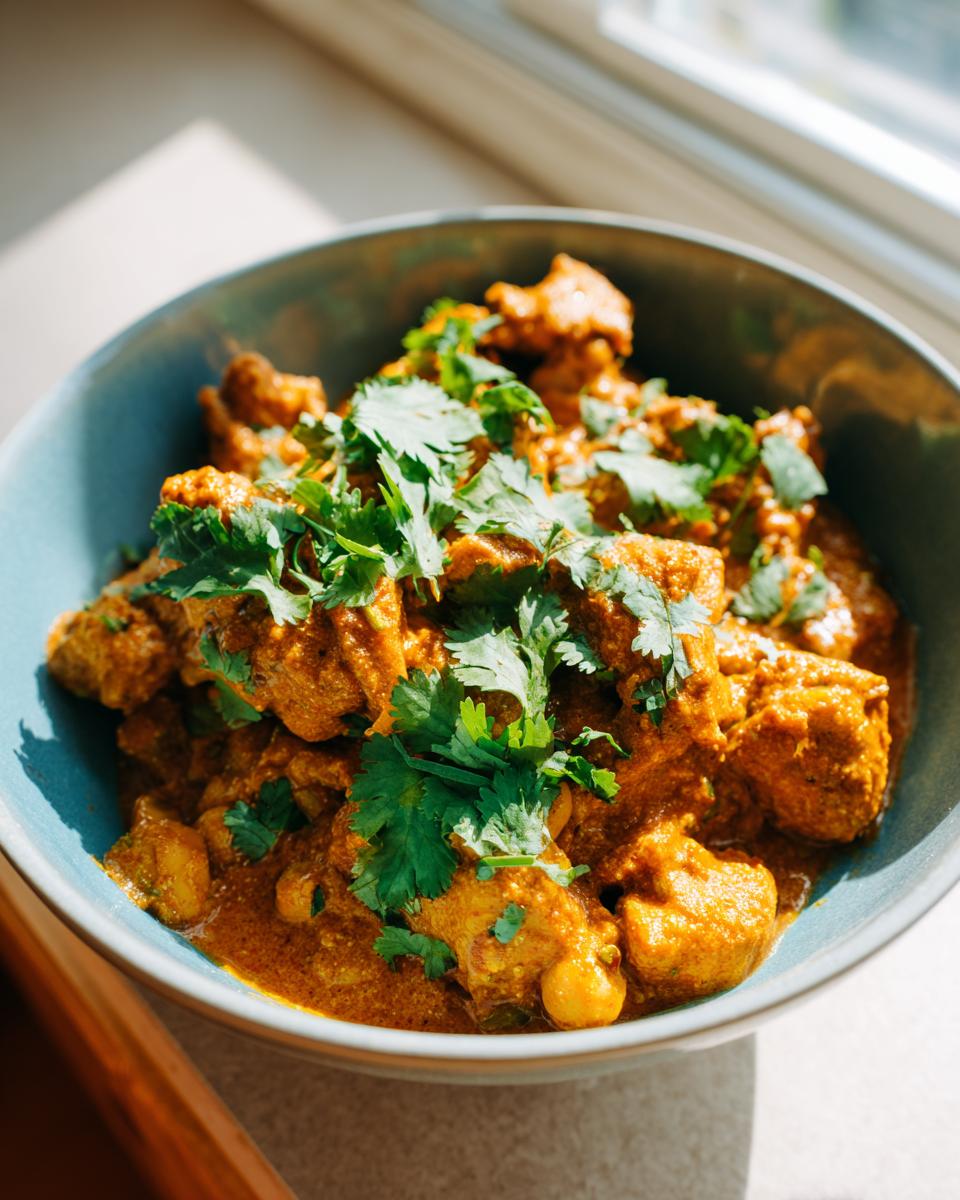 A close-up of a bowl of vibrant chickpea curry, generously garnished with fresh cilantro.