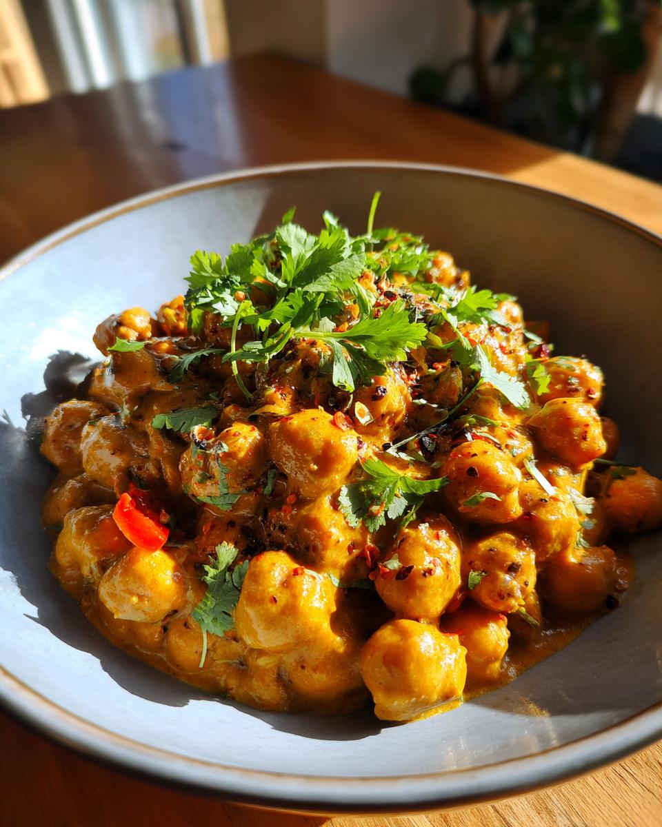 A close-up of a bowl filled with creamy chickpea curry, garnished with fresh cilantro and chili flakes.