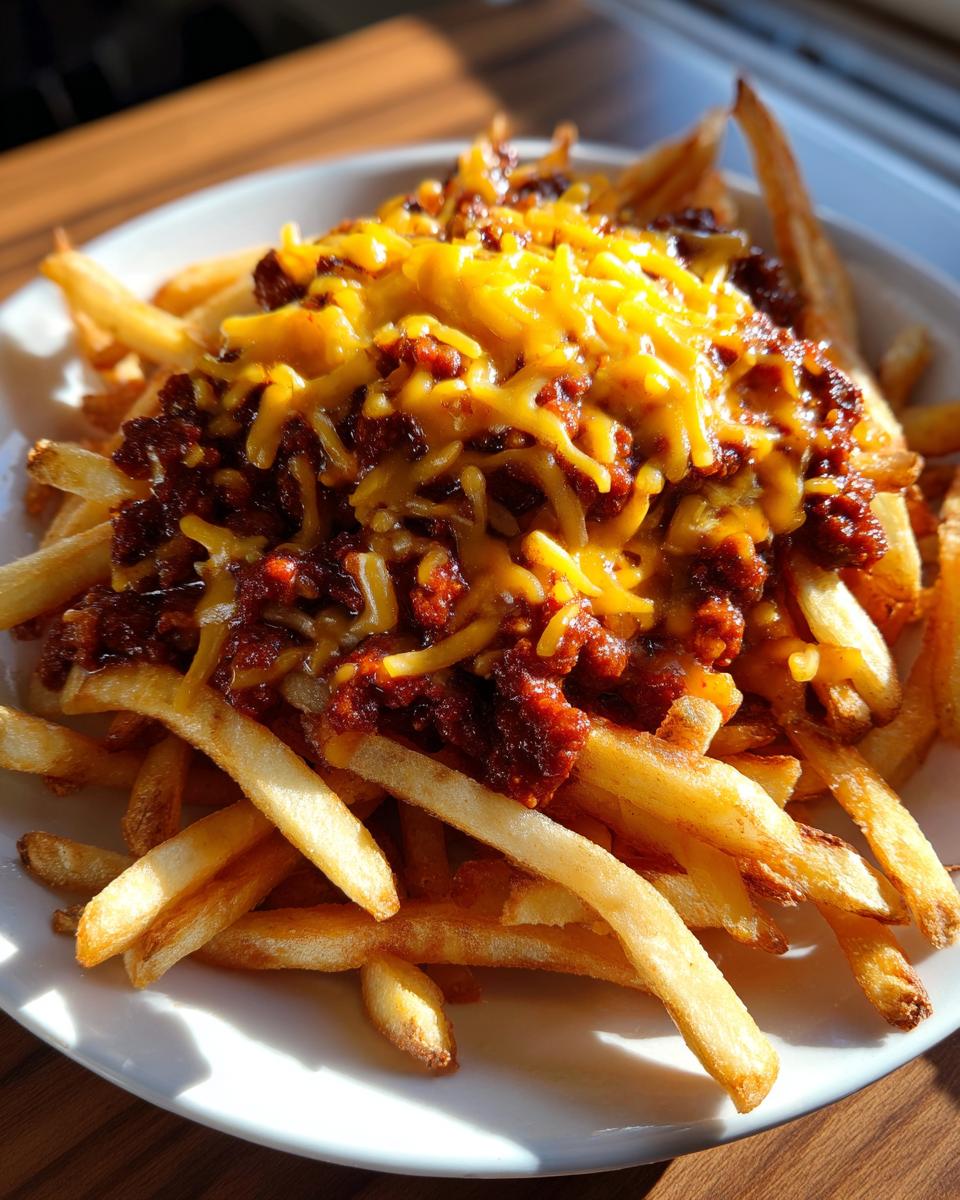 A close-up of golden french fries topped with savory chili and melted cheddar cheese, showcasing the ultimate Chili Cheese Fries.