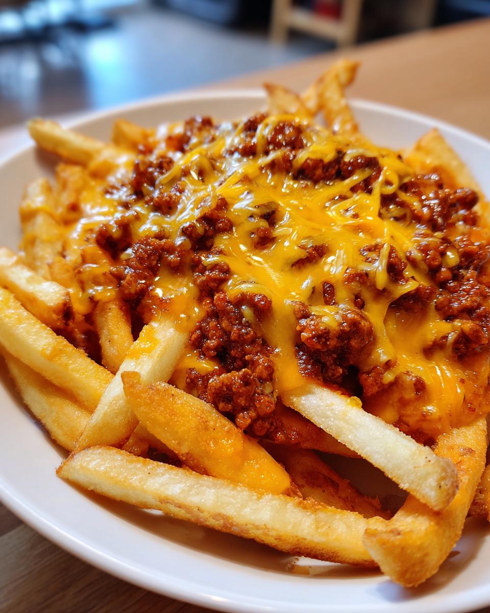 A close-up shot of a white bowl filled with golden french fries topped with melted cheddar cheese and savory chili.