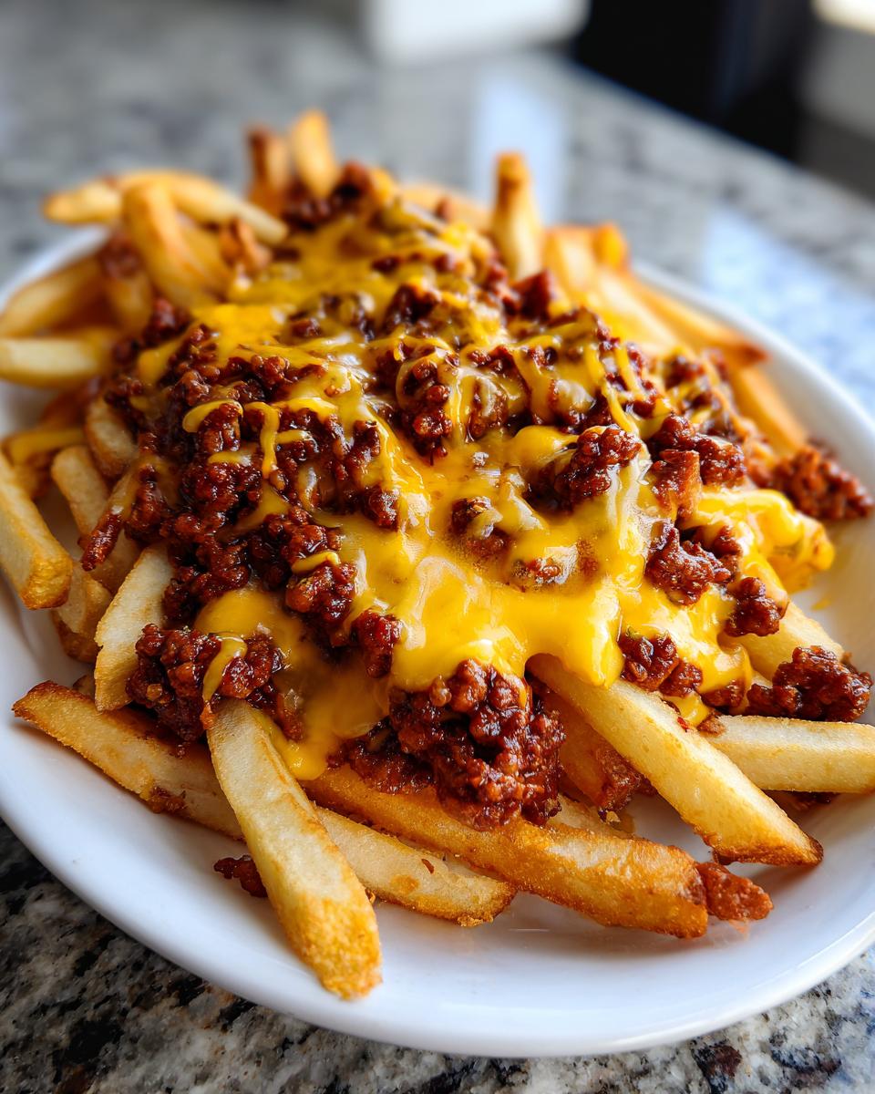 A close-up shot of a plate piled high with crispy french fries, generously topped with savory chili and melted cheddar cheese.