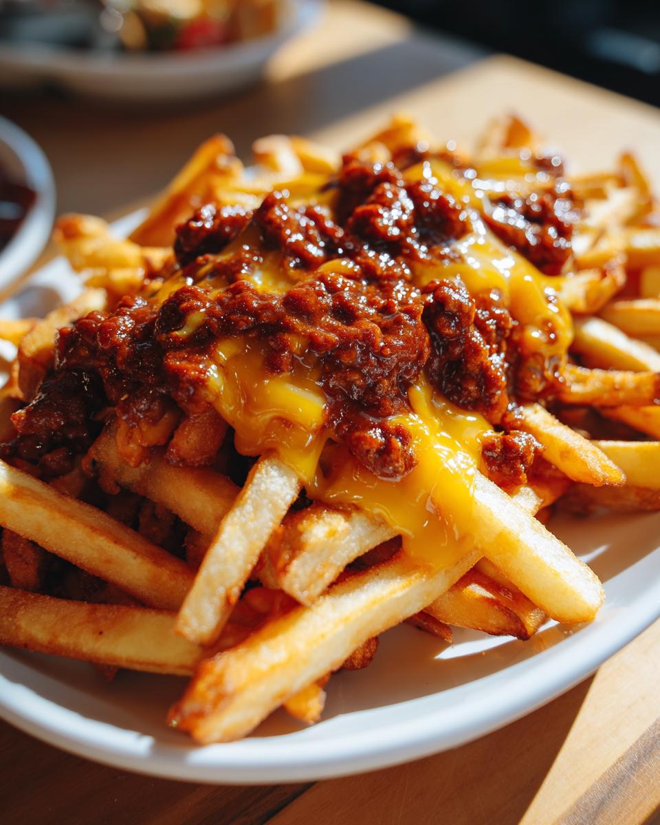 A close-up of a plate piled high with crispy French fries, generously topped with melted cheese and savory chili.