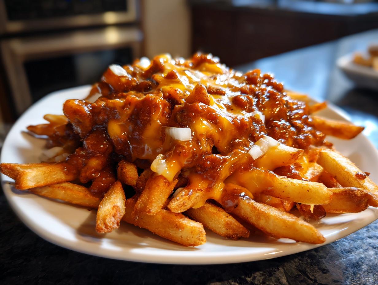 A close-up of a plate piled high with crispy french fries, generously topped with savory chili and melted cheese.