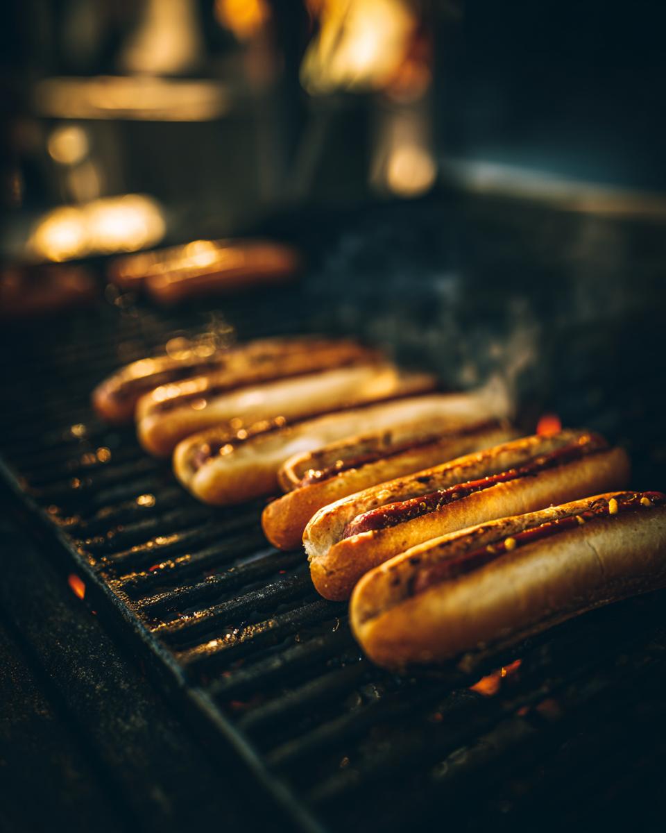 Close-up of several chili dogs grilling on a barbecue, with smoke rising and flames visible below.