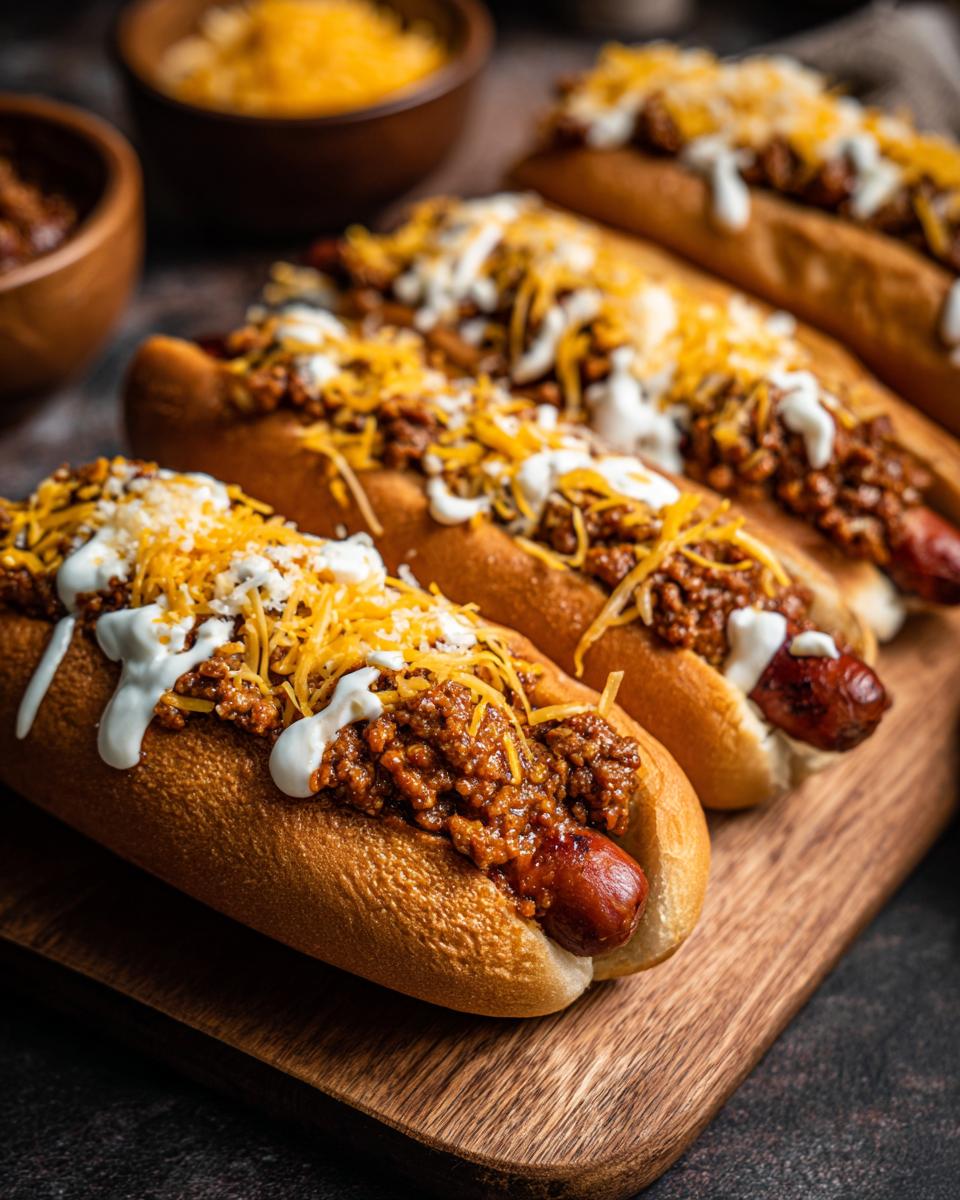 Close-up of four loaded Chili Dogs on a wooden board, topped with chili, shredded cheese, and a drizzle of cream.