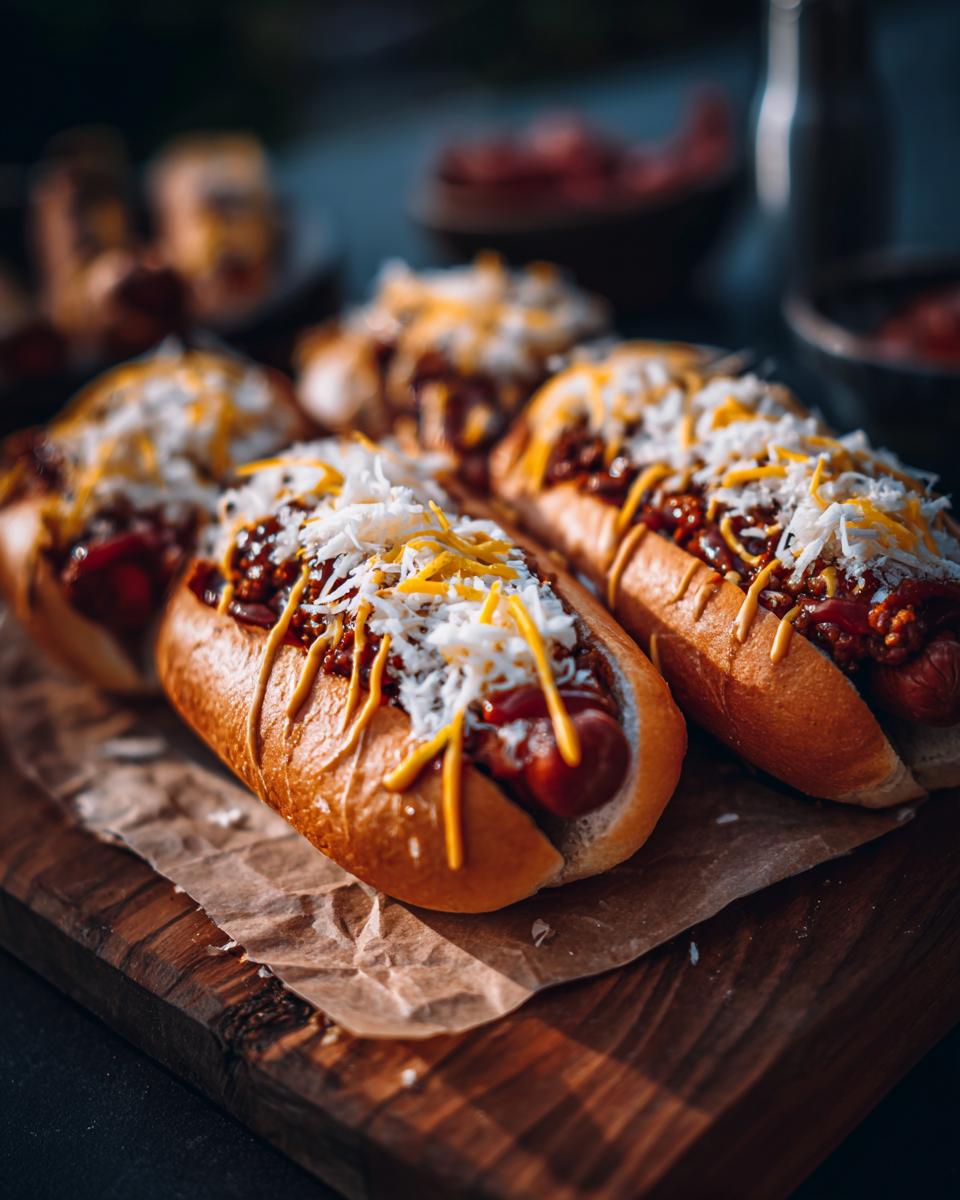 Close-up of several loaded Chili Dogs on a wooden board, topped with chili, shredded cheese, and mustard.