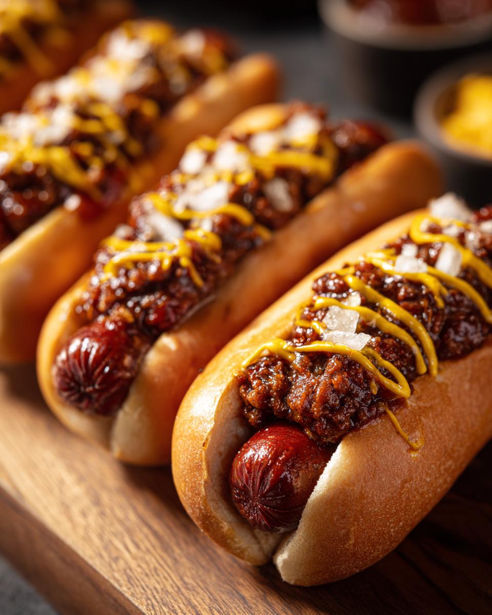 Close-up of several delicious chili dogs topped with savory chili, yellow mustard, and diced white onions.