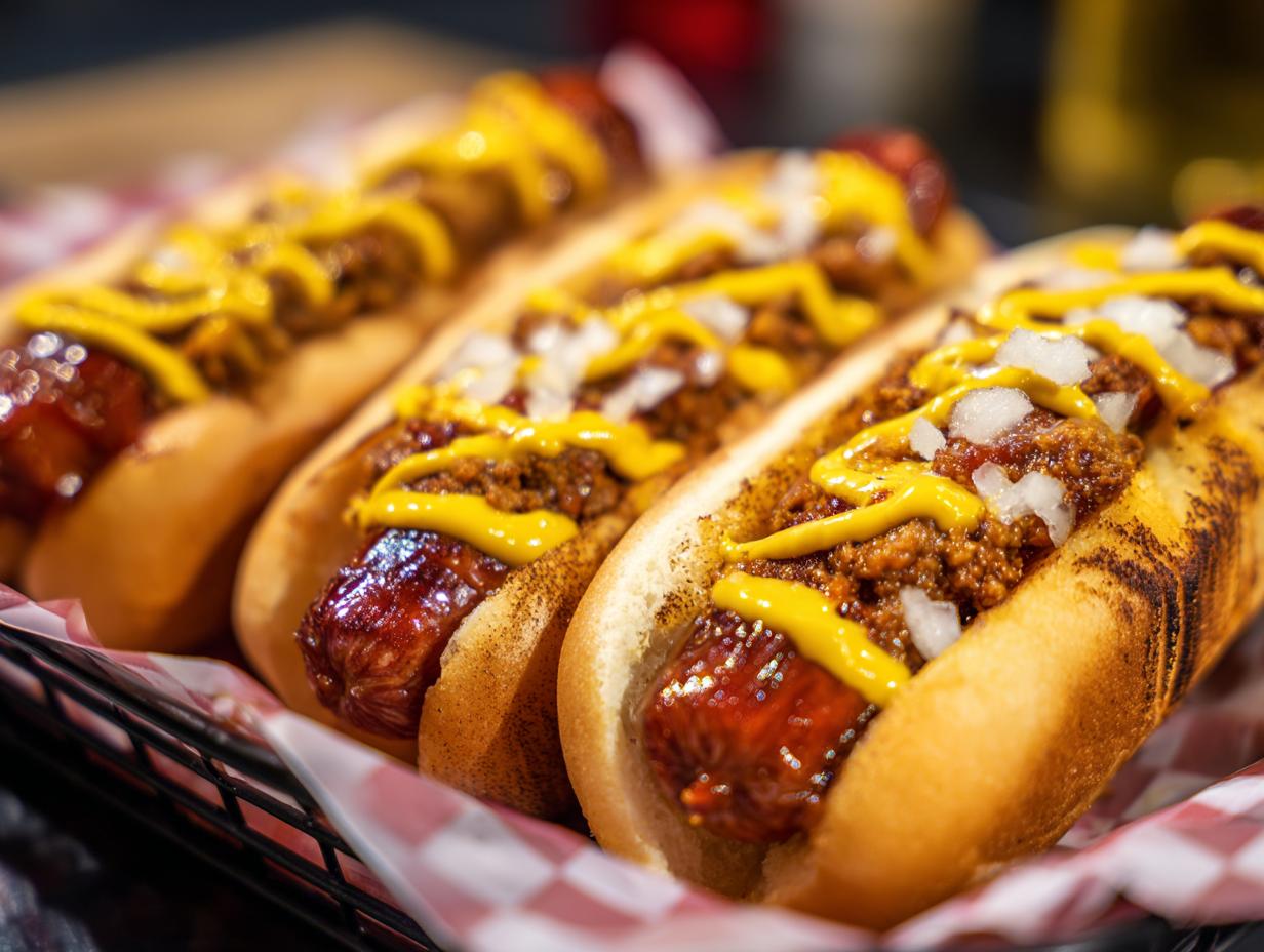 Three delicious chili dogs topped with chili, mustard, and onions, served in a basket.