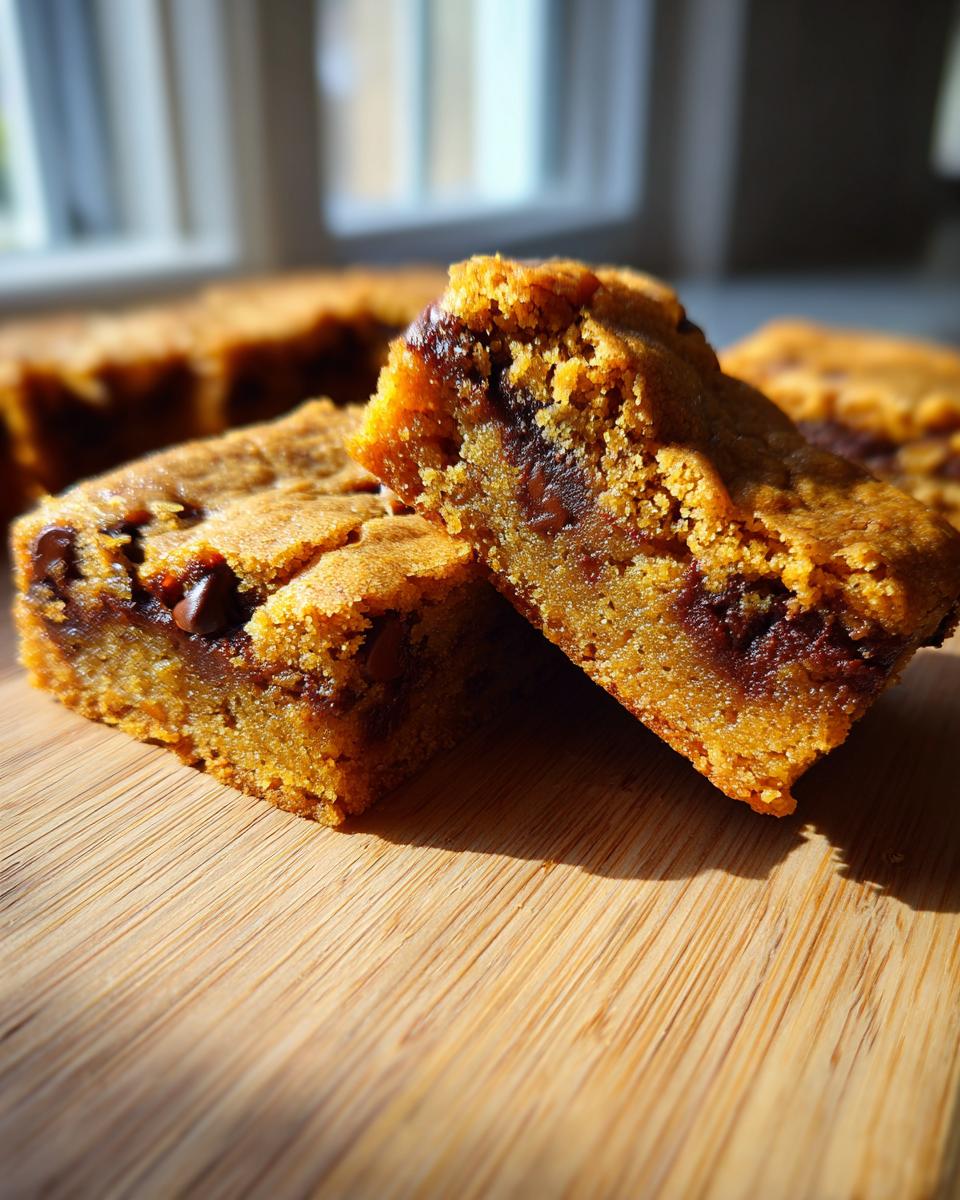Close-up of two rich chocolate chip blondies, one broken in half to show gooey center.