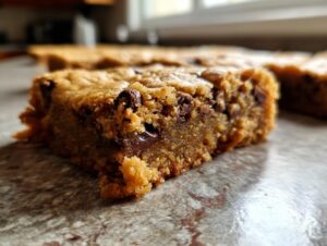 Close-up of a rich and chewy chocolate chip blondie, showcasing its gooey chocolate chips and golden-brown texture.