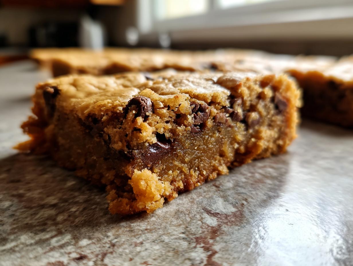 Close-up of a rich and chewy chocolate chip blondie, showcasing its gooey chocolate chips and golden-brown texture.