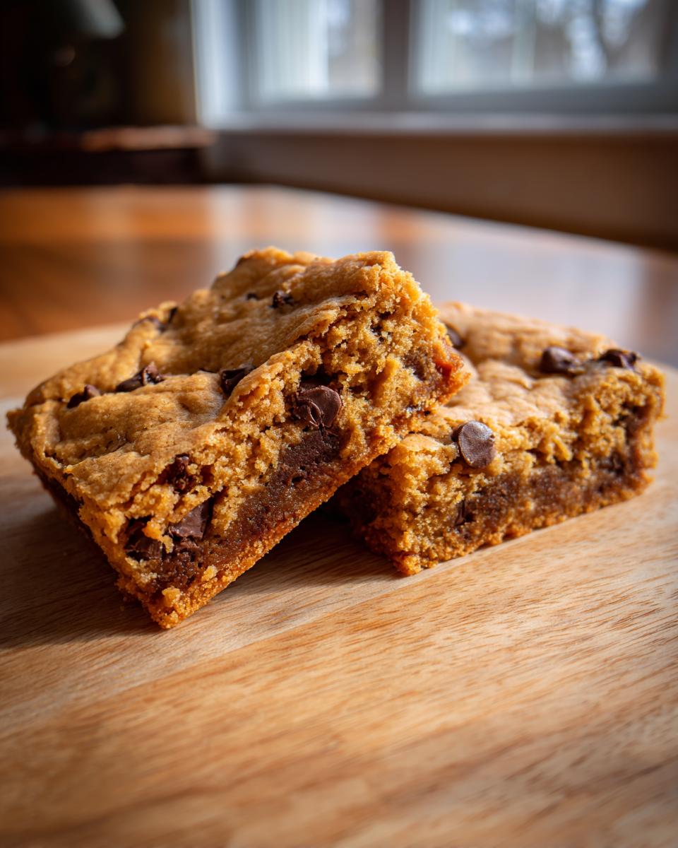 Two rich and chewy chocolate chip blondies stacked on a wooden cutting board.