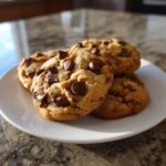 A close-up of four perfectly baked chocolate chip cookies piled on a white plate, with rich chocolate chips visible.