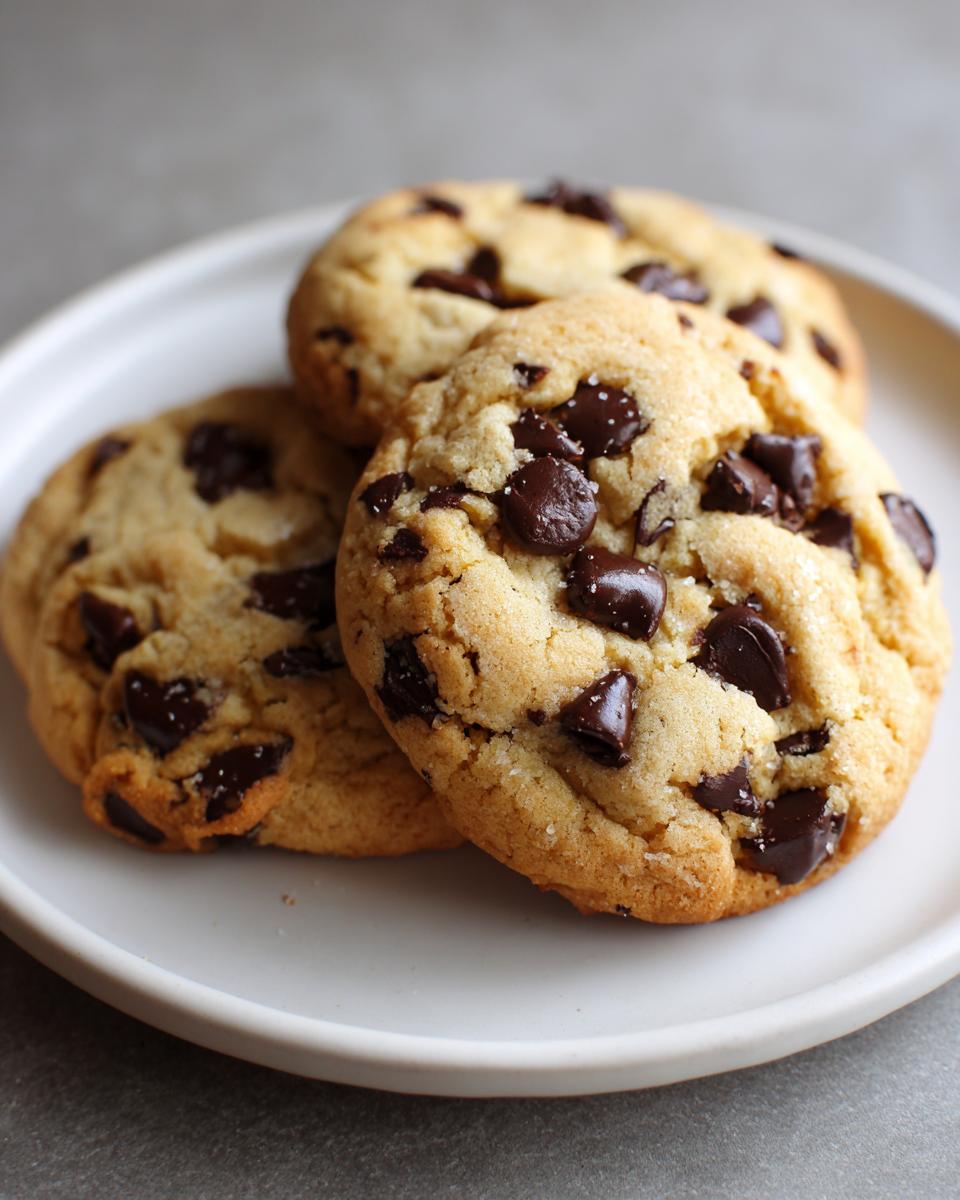 A close-up of three freshly baked chocolate chip cookies on a white plate, showcasing generous amounts of chocolate chunks.