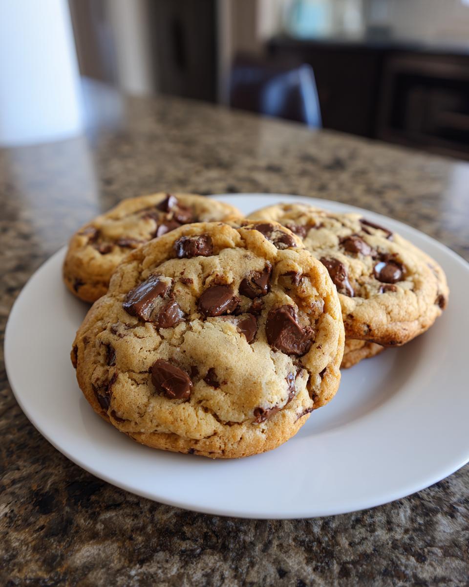 A close-up of three freshly baked chocolate chip cookies on a white plate, loaded with chocolate chunks.