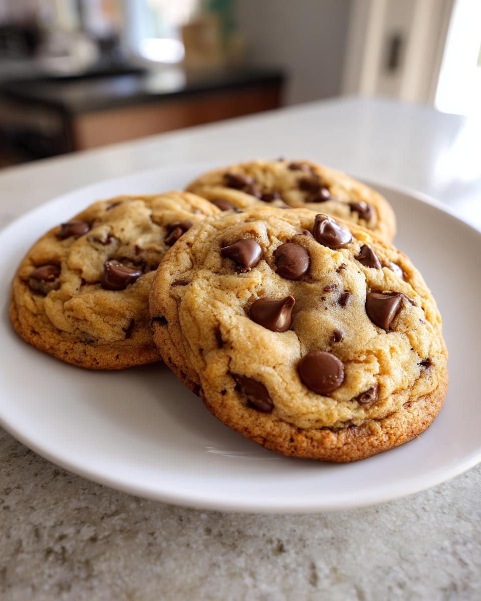 Three freshly baked chocolate chip cookies piled on a white plate, showcasing gooey melted chocolate chips.