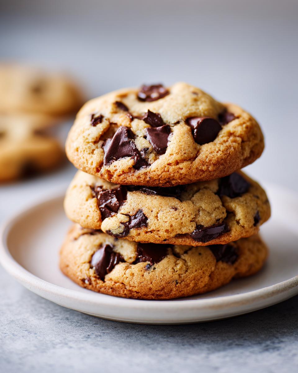 A close-up stack of three golden-brown chocolate chip cookies, generously studded with dark chocolate chunks.