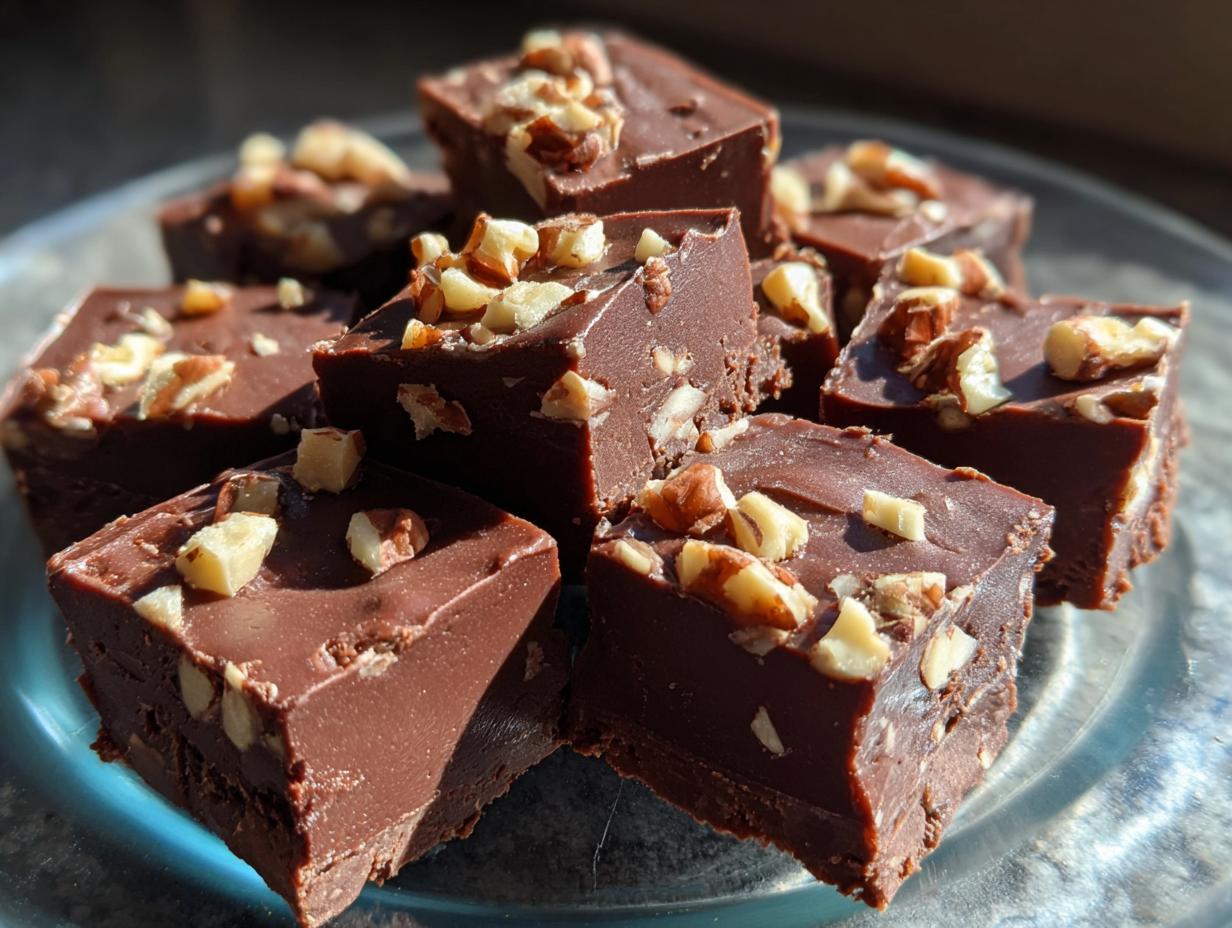 Close-up of decadent chocolate fudge squares topped with chopped nuts on a glass plate.