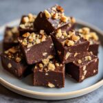A stack of rich chocolate fudge squares topped with chopped nuts, ready to be enjoyed.